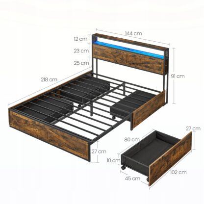 Łóżko z szufladami łóżko z półką i oświetleniem LED loftowe industrialne - obrazek 8